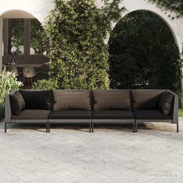 Salon de jardin 4 pcs avec coussins R�sine tress�e Gris fonc�
