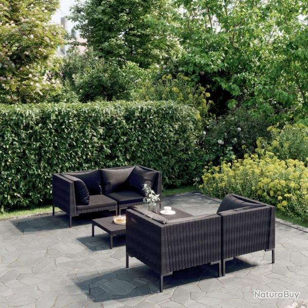 Salon de jardin 5 pcs avec coussins R�sine tress�e Gris fonc�