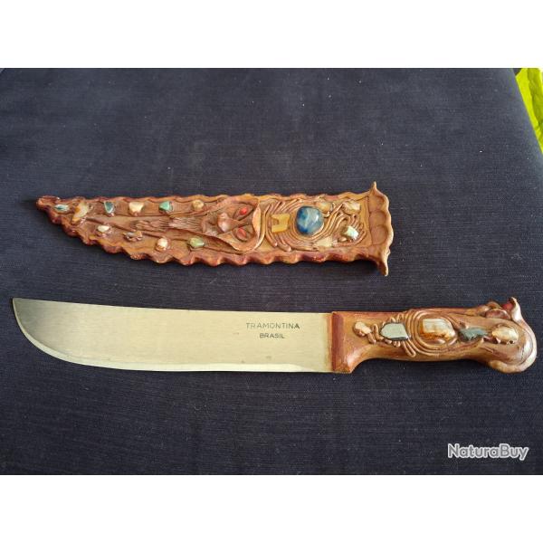 V�ritable couteau machette ancienne Tramontina Brasil.  Cuir travaill� et incrustation pierres