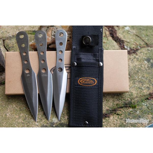 Set de 3 Couteaux Ninja Kunai Lame Acier 3Cr13 Manche Acier Housse Nylon 226sl