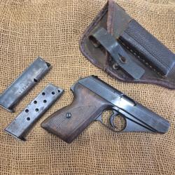 Pistolet mauser HSC calibre 7.65 monomatricule ww2 waffenampt et poin&ccedil;ons canon miroir avec etuit