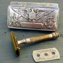 Rasoir de s&ucirc;ret&eacute; Gillette ancien avec &eacute;tui m&eacute;tallique US Navy / US Army - d&eacute;but XXe si&egrave;cle
