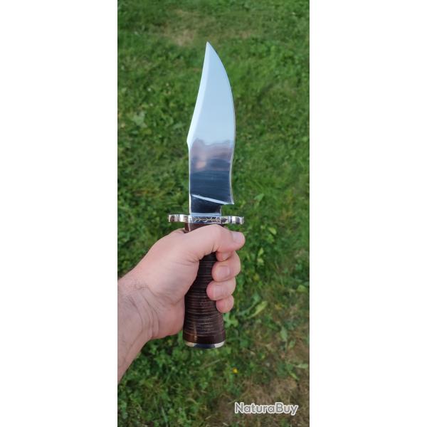 Couteau fixe Bowie - manche cuir empil� - �tui cuir inclus
