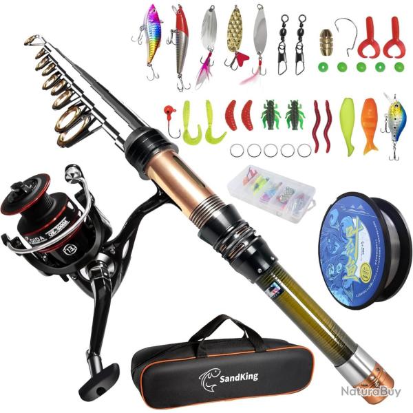 Canne � p�che 2.1m en Fibre de Carbone T�lescopique Kit de Leurres App�ts Moulinet Sac de Transport