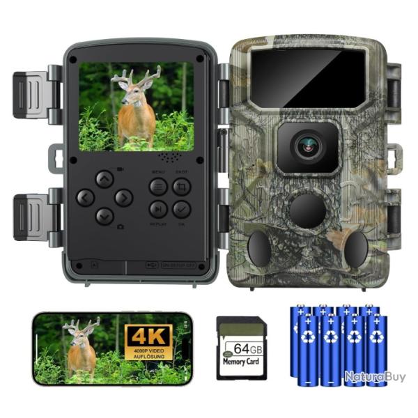 Cam�ra de Chasse WiFi 4K 64MP avec Carte SD 64 Go Vision Infrarouge D�clenchement Ultra Rapide