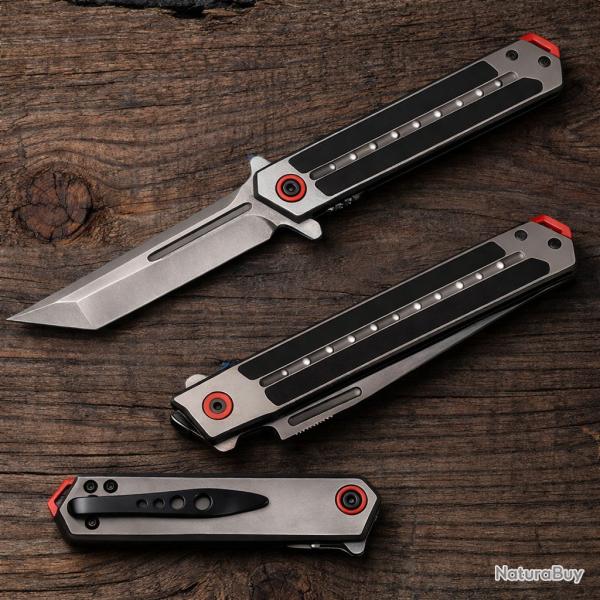 Couteau Elitedge Grey Ghostline Lame Acier 440C Tanto Manche Black G10 & Acier Linerlock 31GYRT