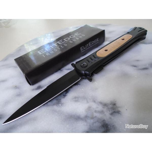 Couteau ElitEdge Dague A/O Lame Spear Point Acier 440 Manche Bois Marron Linerlock Clip 18BW