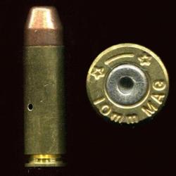 10 mm AUTO MAG - TRES RARE - marquage : * --- * 10 mm MAG - &eacute;tui 31.7 mm - balle tronconique