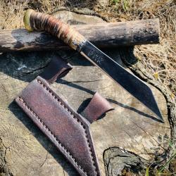 scramasax viking d'artisan / bois de cerf , bronze, lame acier carbone 1075 grav&eacute;e THOR