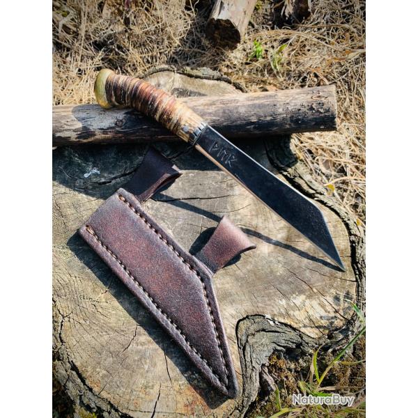 scramasax viking d'artisan / bois de cerf , bronze, lame acier carbone 1075 grav�e THOR