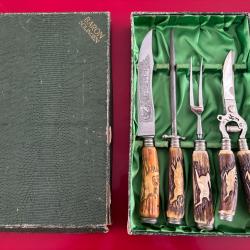 COFFRET 4 pi&egrave;ces &agrave; d&eacute;couper  Baron Solingen ann&eacute;es 60 poign&eacute;es corne de cerf