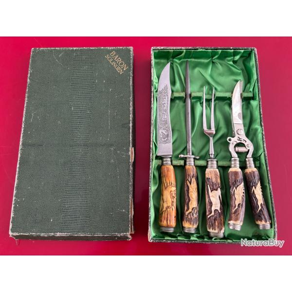 COFFRET 4 pi�ces � d�couper  Baron Solingen ann�es 60 poign�es corne de cerf