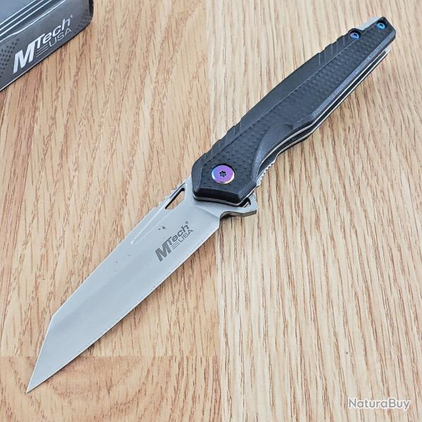 Couteau MTech Semi Automatique Lame Tanto Reverse Acier Inox Manche Black Nylon Linerlock Clip 94BRD