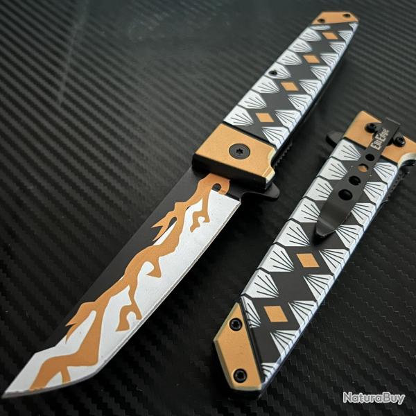Couteau ElitEdge Japanese Katana Samurai Tanto A/O Lame Acier 420C Manche Yellow Linerlock Clip 02YW