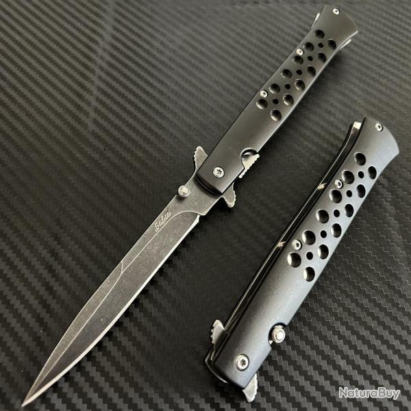 Couteau Stiletto ElitEdge A/O Lame Acier Inox Manche Aluminium Noir Liner Lock 28bk