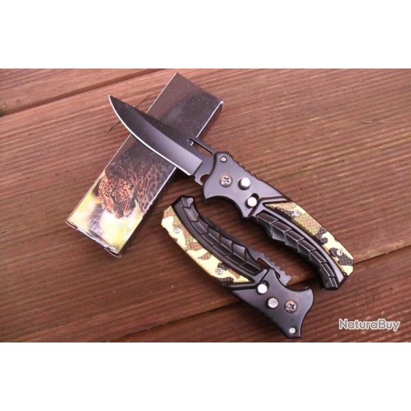 Petit Couteau Pliant De Poche Lame Acier 7 Cm Manche Acier Grav� Bi-Color 9 Cm