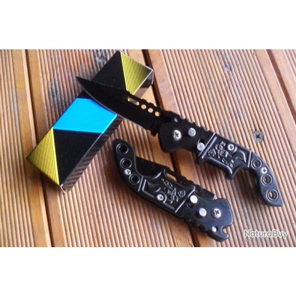 Petit Couteau Pliant De Poche Lame Acier 6,5 Cm Manche Acier Grav� 9,5 Cm Chasse P�che Bivouac
