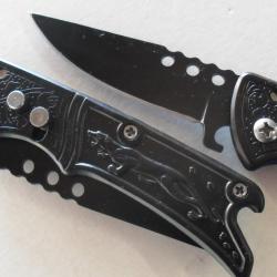 Petit Couteau Pliant Lame Acier 7 Cm Manche Acier Grav&eacute; 9 Cm Chasse P&ecirc;che Bivouac
