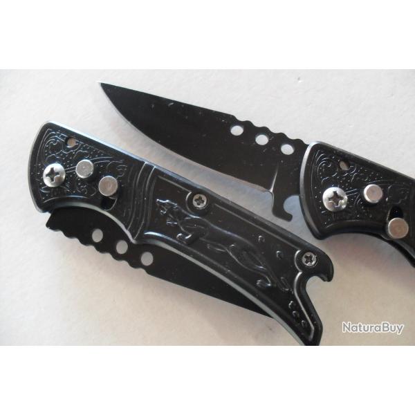 Petit Couteau Pliant Lame Acier 7 Cm Manche Acier Grav� 9 Cm Chasse P�che Bivouac