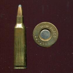 .22-250 REMINGTON - marquage : WW-SUPER 22-250 - balle cuivre pointe plomb - &eacute;tui laiton - b