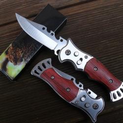 Petit Couteau Pliant De Poche Lame Acier Dent&eacute;e 7 Cm Manche Bois 9,5 Cm Chasse P&ecirc;che Bivouac