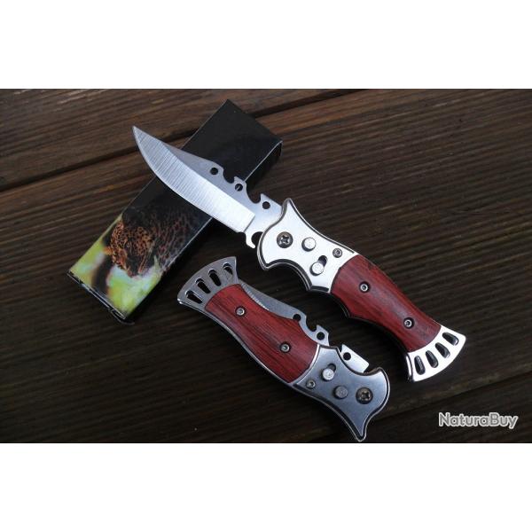 Petit Couteau Pliant De Poche Lame Acier Dent�e 7 Cm Manche Bois 9,5 Cm Chasse P�che Bivouac
