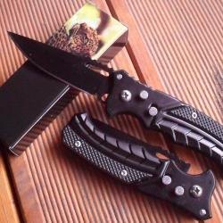 Petit Couteau Pliant De Poche Lame Acier 7 Cm Manche Acier Noir Grav&eacute; 9 Cm