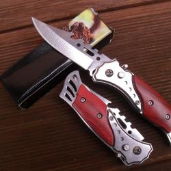 Petit Couteau Pliant De Poche Lame Acier Dent&eacute;e 7 Cm Manche Bois 9,5 Cm Chasse P&ecirc;che Camping