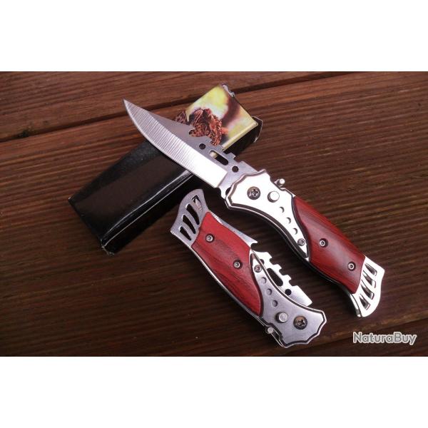 Petit Couteau Pliant De Poche Lame Acier Dent�e 7 Cm Manche Bois 9,5 Cm Chasse P�che Camping
