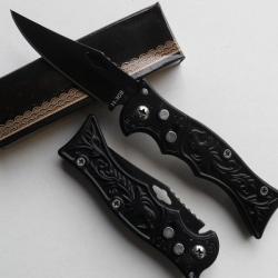 Petit Couteau Pliant Lame Acier 7 Cm Manche Acier Grav&eacute; 9 Cm Chasse P&ecirc;che Camping