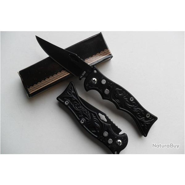 Petit Couteau Pliant Lame Acier 7 Cm Manche Acier Grav� 9 Cm Chasse P�che Camping