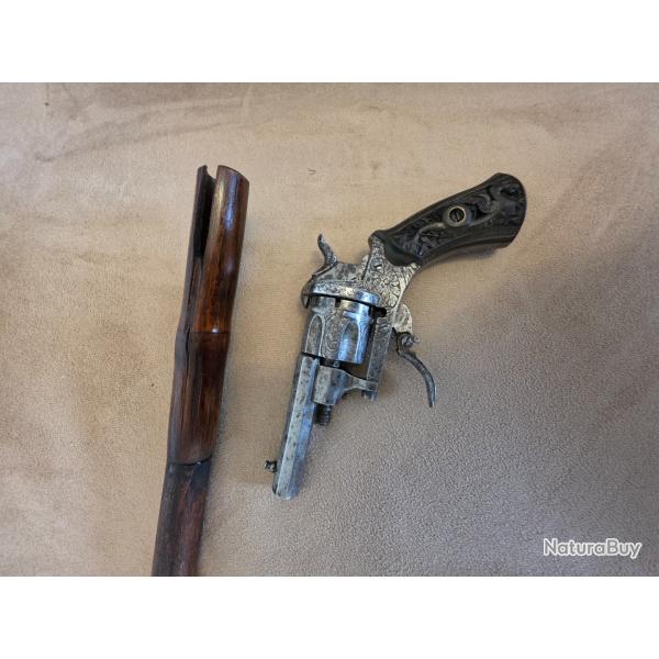 Rare Canne-Revolver de d�fense � syst�me coulissant - Li�ge - Fin XIXe - Parfait �tat