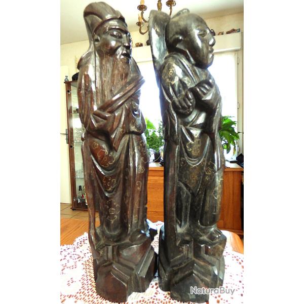 MAGNIFIQUES GRANDES SCULPTURES,COUPLE DE STATUETTES ANCIENNES D'ASIE JAPON//CHINE 1910/25- 1,708 KG