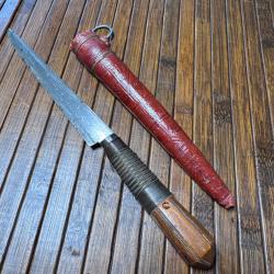 JOLIE COUTEAU ORIENTAL BOUSAADI LAME FORG&Eacute;E GRAV&Eacute;E MANCHE BOIS EXOTIQUE DANS SON FOURREAU