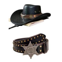 Ensemble Chapeau Cowboy Vintage + Ceinture Western Unisexe Large Bord Country Outdoor Noir/Marron