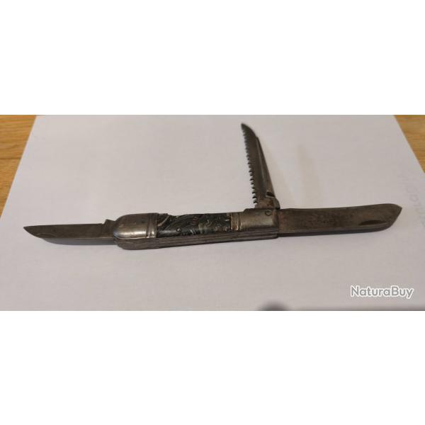 couteau pliant ancien PRADEL Scie, pointe, double lame acier
