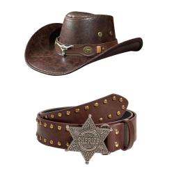 Ensemble Chapeau Cowboy Vintage + Ceinture Western Unisexe Large Bord Country Outdoor Marron