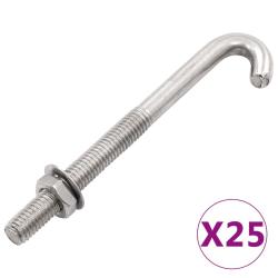 Jeu de 25 boulons en J ancr&eacute;s avec &eacute;crou et rondelle M8x120 mm