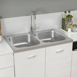&Eacute;vier de cuisine &agrave; double lavabo argent&eacute; 800x500x155 mm inox