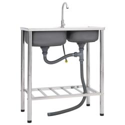 &Eacute;vier de camping Double lavabo avec robinet Acier inoxydable