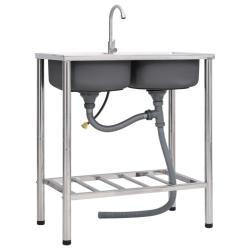 &Eacute;vier de camping Double lavabo avec robinet Acier inoxydable