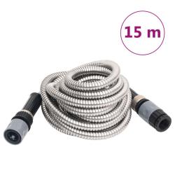 Tuyau d'arrosage et buse de pulv&eacute;risation argent&eacute; 0,6" 15m inox