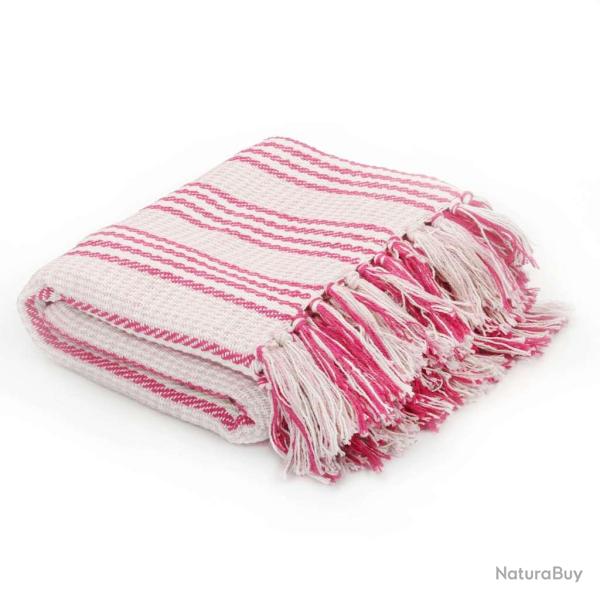 Couverture coton � rayures 220x250 cm Rose et Blanc
