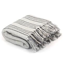 Couverture coton &agrave; rayures 160x210 cm Gris et Blanc