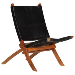 Chaise de relaxation pliable Noir Cuir v&eacute;ritable