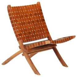 Chaise pliable bandes crois&eacute;es marron cuir v&eacute;ritable