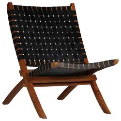Chaise pliable bandes crois&eacute;es noir cuir v&eacute;ritable
