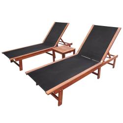 Chaises longues, lot de 2, avec table, en bois d'acacia et textil&egrave;ne, pour la terrasse