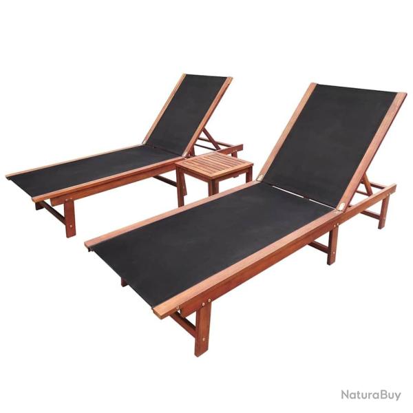 Chaises longues, lot de 2, avec table, en bois d'acacia et textil�ne, pour la terrasse