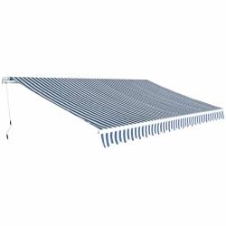 Auvent manuel ray&eacute; bleu et blanc, 100 % polyester, pour la terrasse, 5 &times; 3 m